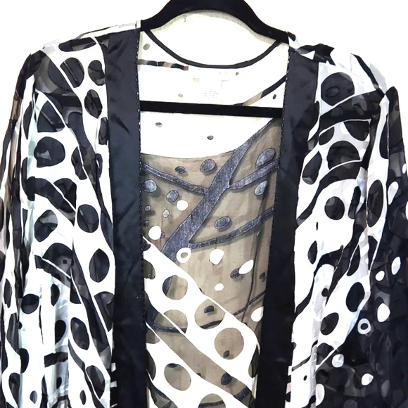 Sheer Black and White Polka Dot Kimono Cardigan - Picture 3 of 12